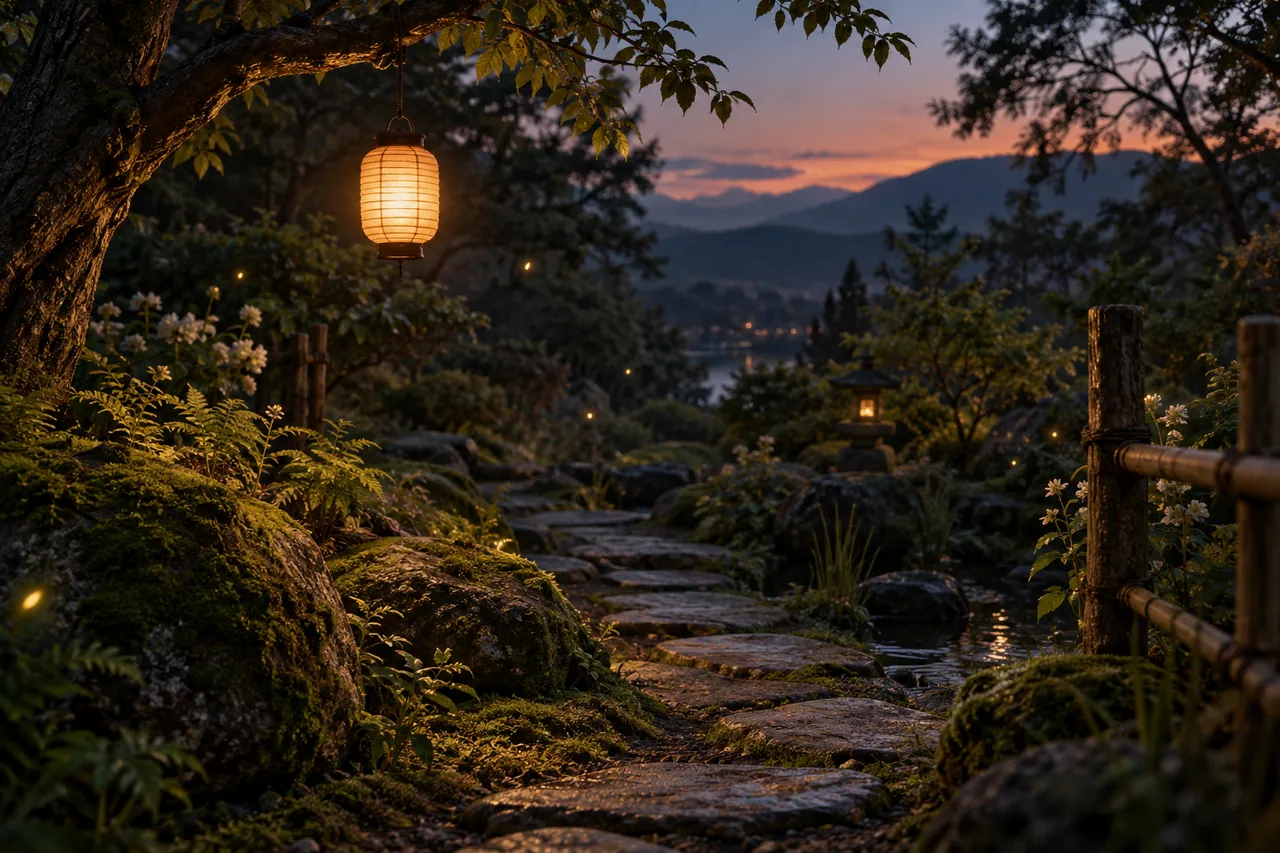 A single small warm paper lantern hanging above a winding moss garden path at twilight.