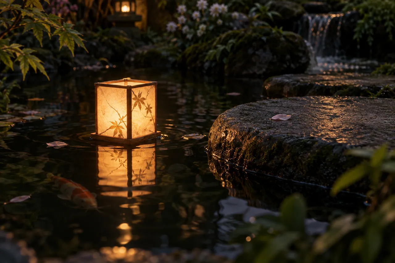 A small glowing paper lantern reflected in a dark garden pool beside a rounded stepping stone.